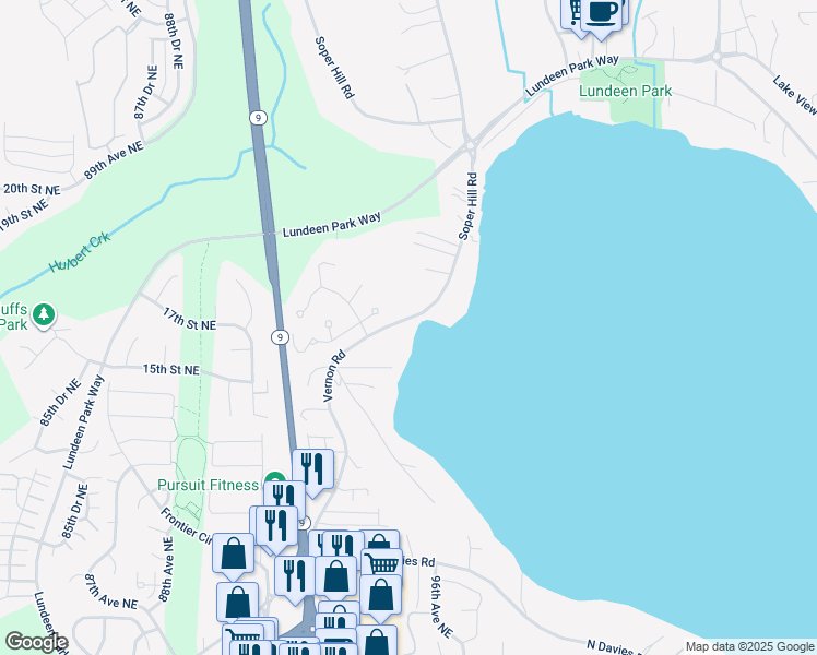 map of restaurants, bars, coffee shops, grocery stores, and more near 1603 Vernon Road in Lake Stevens