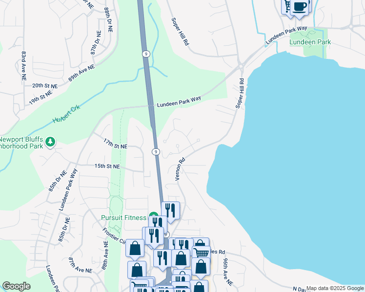 map of restaurants, bars, coffee shops, grocery stores, and more near 1611 94th Avenue Northeast in Lake Stevens