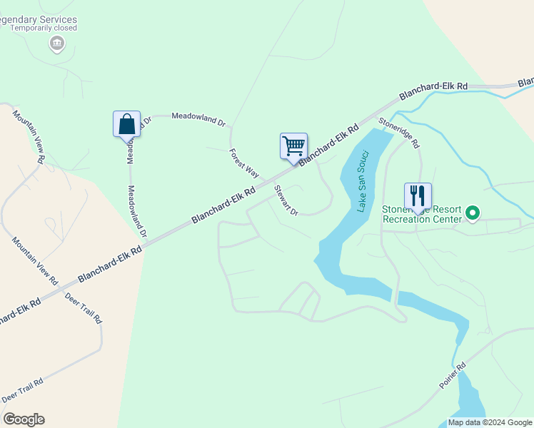 map of restaurants, bars, coffee shops, grocery stores, and more near 28 San Souci Drive in Blanchard