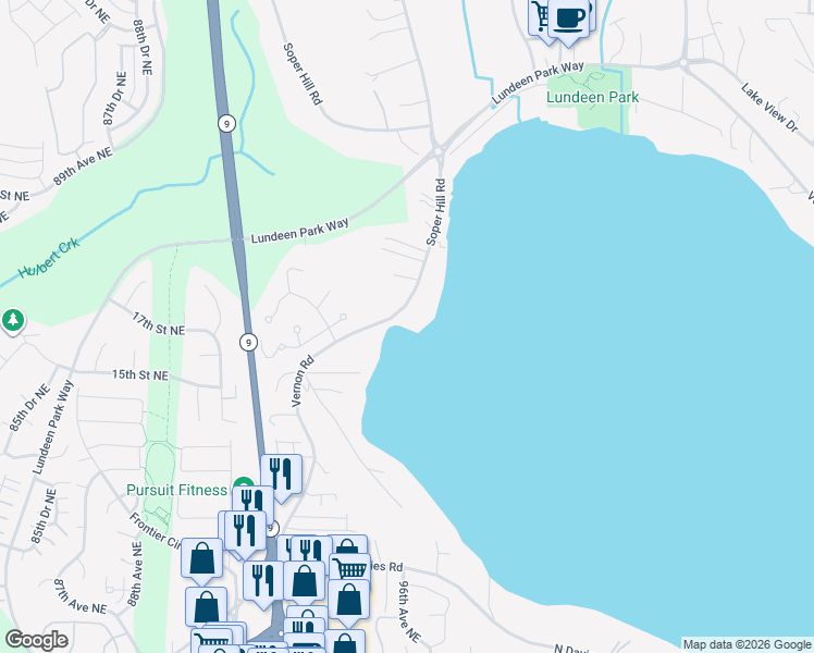 map of restaurants, bars, coffee shops, grocery stores, and more near 1617 Vernon Road in Lake Stevens