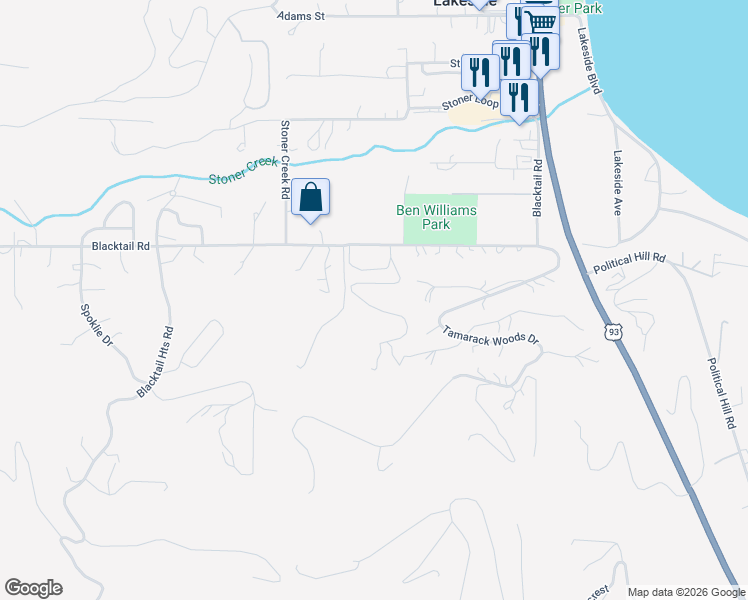 map of restaurants, bars, coffee shops, grocery stores, and more near 340 Blacktail Road in Lakeside
