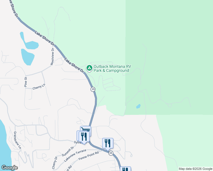 map of restaurants, bars, coffee shops, grocery stores, and more near 32948 Ninebark Lane in Bigfork