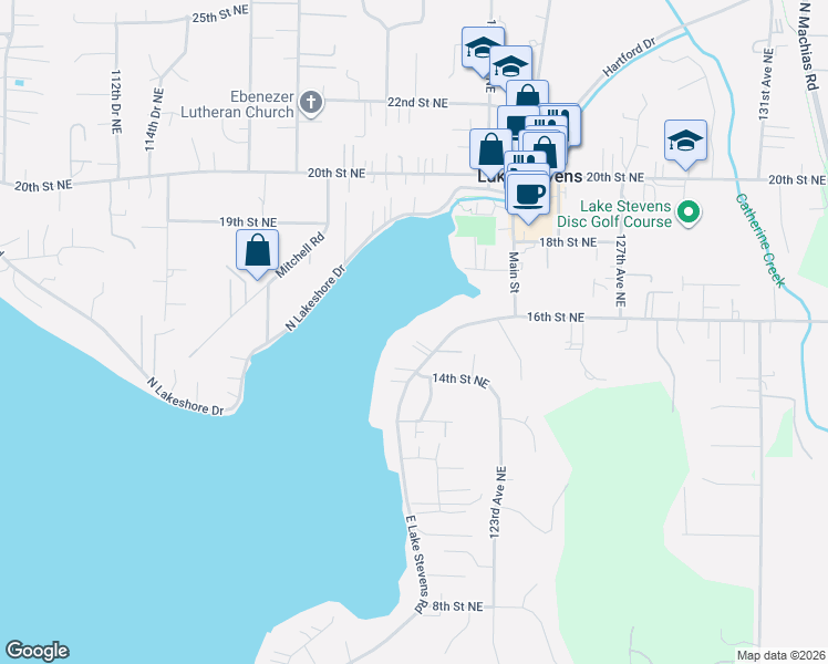 map of restaurants, bars, coffee shops, grocery stores, and more near 1506 East Lakeshore Drive in Lake Stevens