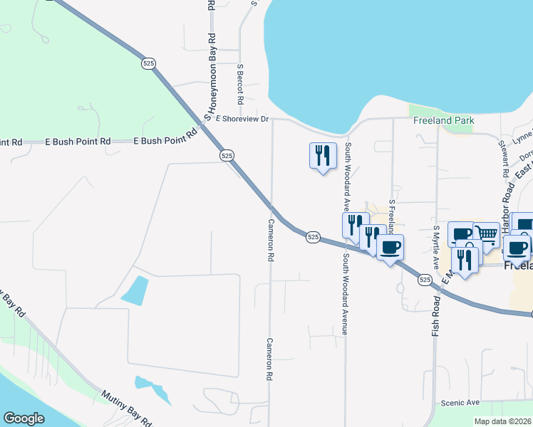 map of restaurants, bars, coffee shops, grocery stores, and more near 5486 Cameron Road in Freeland