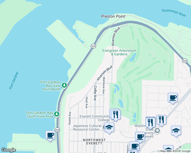 map of restaurants, bars, coffee shops, grocery stores, and more near 416 Alverson Boulevard in Everett