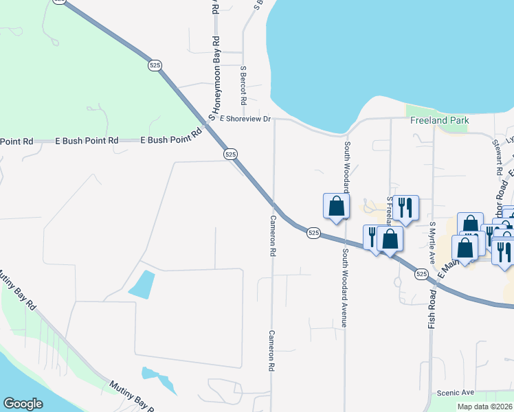 map of restaurants, bars, coffee shops, grocery stores, and more near 5486 Cameron Road in Freeland