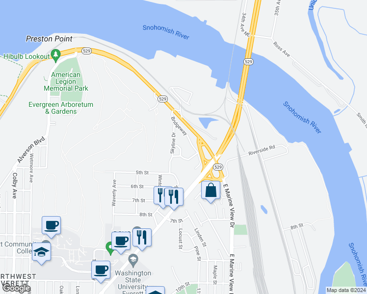 map of restaurants, bars, coffee shops, grocery stores, and more near 2811 Medora Way in Everett