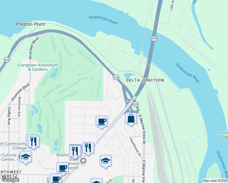 map of restaurants, bars, coffee shops, grocery stores, and more near 2811 Medora Way in Everett