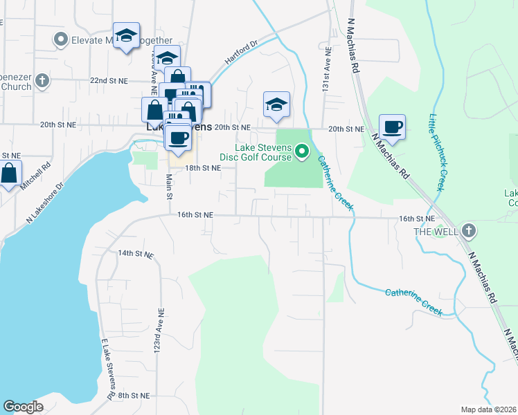 map of restaurants, bars, coffee shops, grocery stores, and more near 12707 16th Street Northeast in Lake Stevens