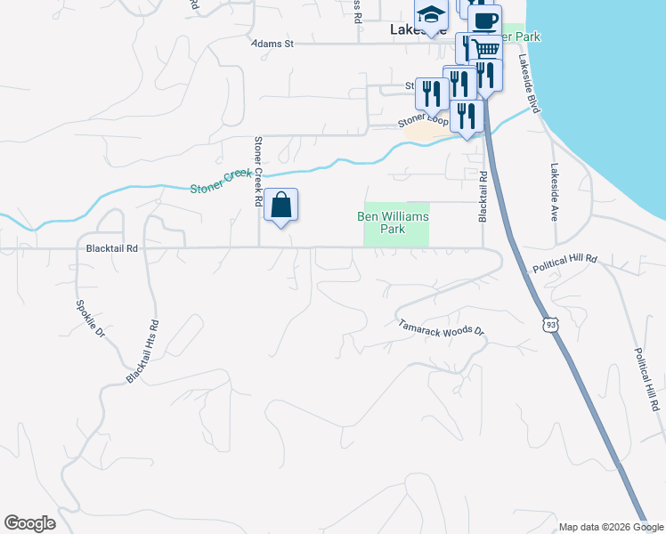 map of restaurants, bars, coffee shops, grocery stores, and more near 340 Blacktail Road in Lakeside