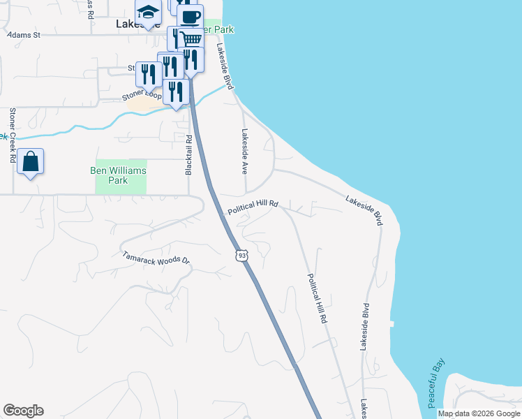 map of restaurants, bars, coffee shops, grocery stores, and more near 100 Political Hill Road in Lakeside