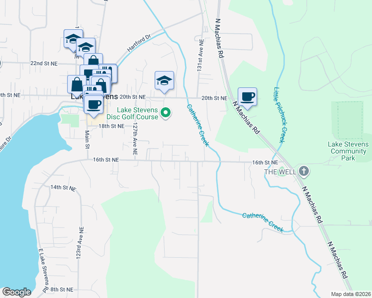 map of restaurants, bars, coffee shops, grocery stores, and more near 13021 16th Street Northeast in Lake Stevens