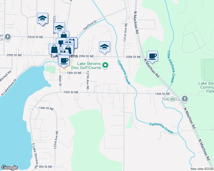 map of restaurants, bars, coffee shops, grocery stores, and more near 1603 129th Drive Northeast in Lake Stevens