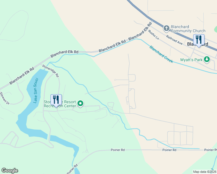 map of restaurants, bars, coffee shops, grocery stores, and more near 184 Ironwood Drive in Blanchard