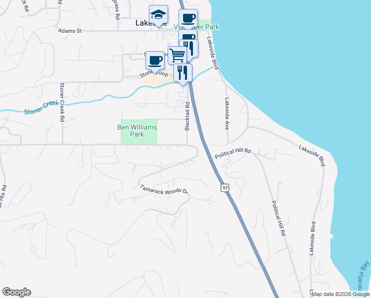 map of restaurants, bars, coffee shops, grocery stores, and more near Tamarack Woods Dr in Lakeside