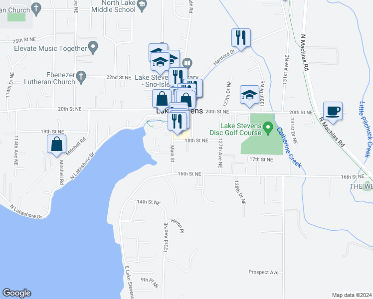 map of restaurants, bars, coffee shops, grocery stores, and more near 12510 18th Street Northeast in Lake Stevens