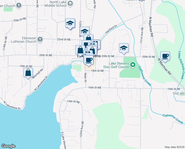 map of restaurants, bars, coffee shops, grocery stores, and more near 12510 18th Street Northeast in Lake Stevens
