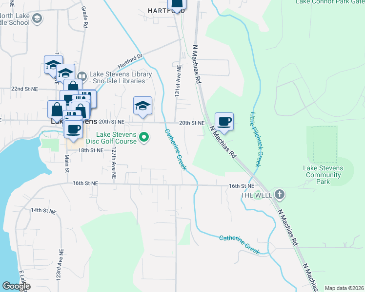 map of restaurants, bars, coffee shops, grocery stores, and more near 1806 131st Drive Northeast in Lake Stevens