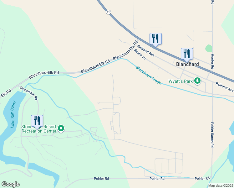 map of restaurants, bars, coffee shops, grocery stores, and more near 100 Bunker Lane in Blanchard