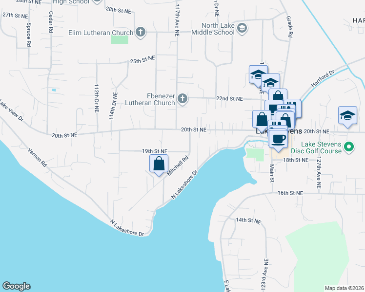 map of restaurants, bars, coffee shops, grocery stores, and more near 1916 118th Avenue Northeast in Lake Stevens