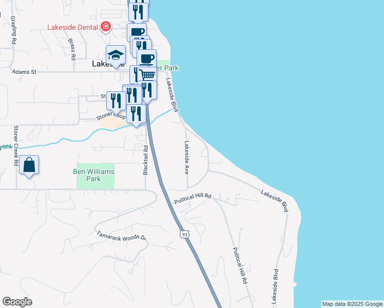 map of restaurants, bars, coffee shops, grocery stores, and more near 724 Lakeside Boulevard in Lakeside