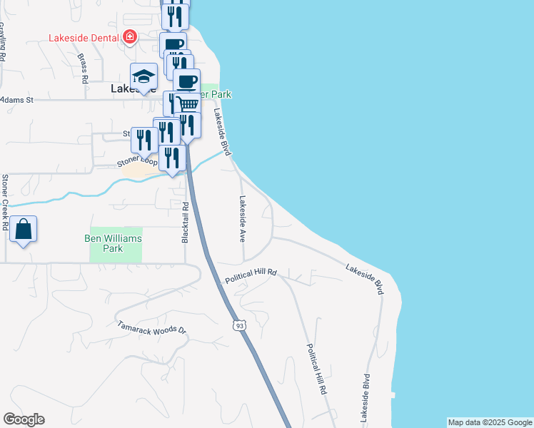 map of restaurants, bars, coffee shops, grocery stores, and more near 724 Lakeside Boulevard in Lakeside