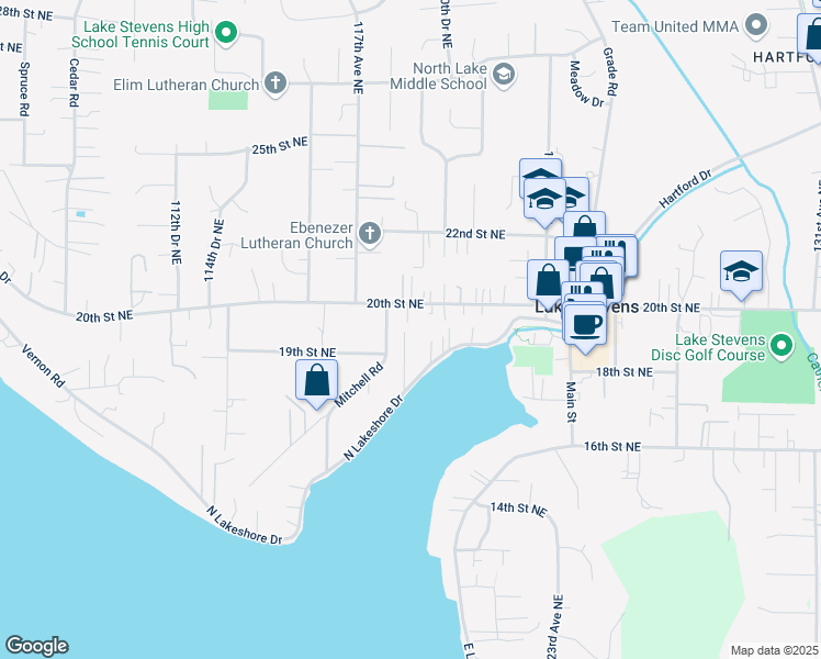 map of restaurants, bars, coffee shops, grocery stores, and more near 11804 North Lakeshore Drive in Lake Stevens