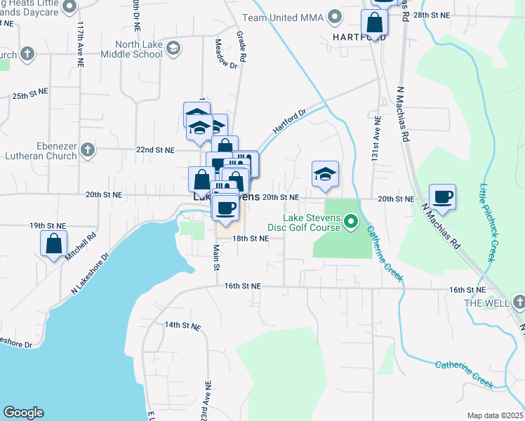 map of restaurants, bars, coffee shops, grocery stores, and more near 12602 20th Street Northeast in Lake Stevens