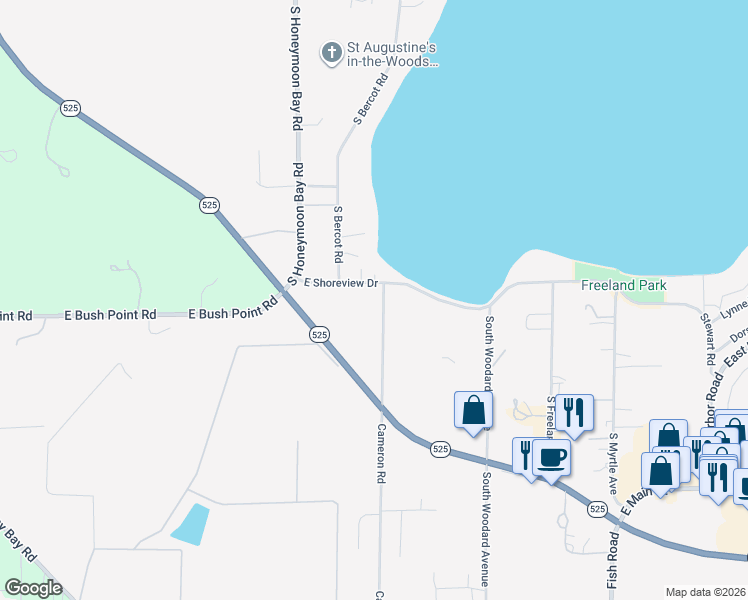 map of restaurants, bars, coffee shops, grocery stores, and more near 5394 Cameron Road in Freeland
