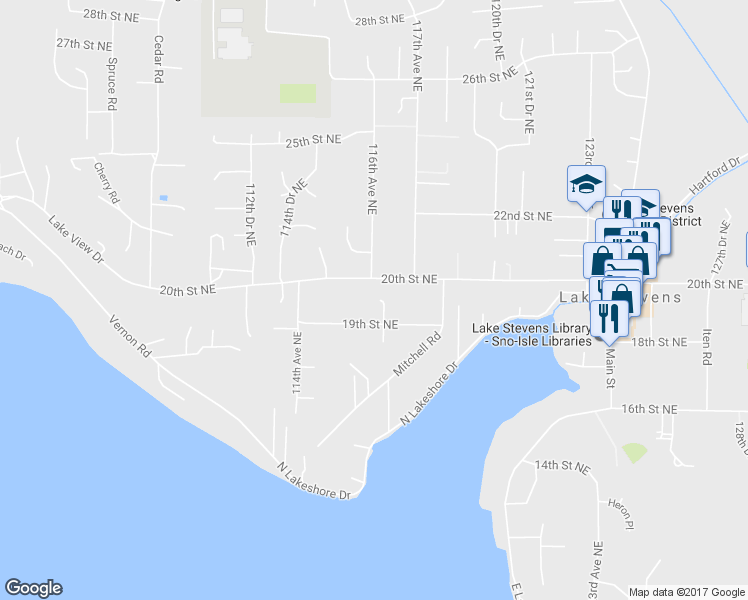map of restaurants, bars, coffee shops, grocery stores, and more near 11607 19th Street Northeast in Lake Stevens