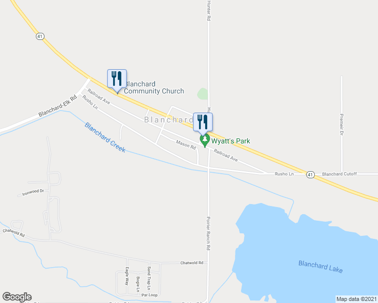 map of restaurants, bars, coffee shops, grocery stores, and more near 100 Mason Road in Blanchard