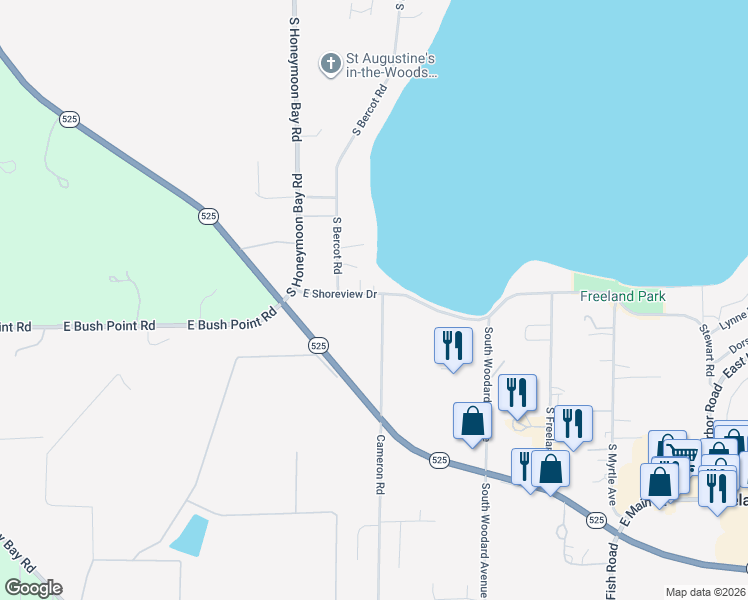 map of restaurants, bars, coffee shops, grocery stores, and more near 5394 Cameron Road in Freeland