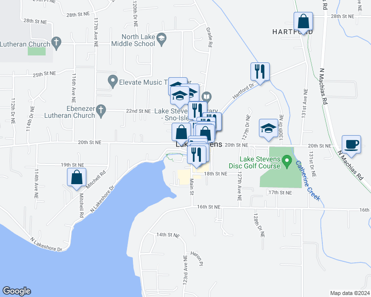 map of restaurants, bars, coffee shops, grocery stores, and more near 12305 North Lakeshore Drive in Lake Stevens