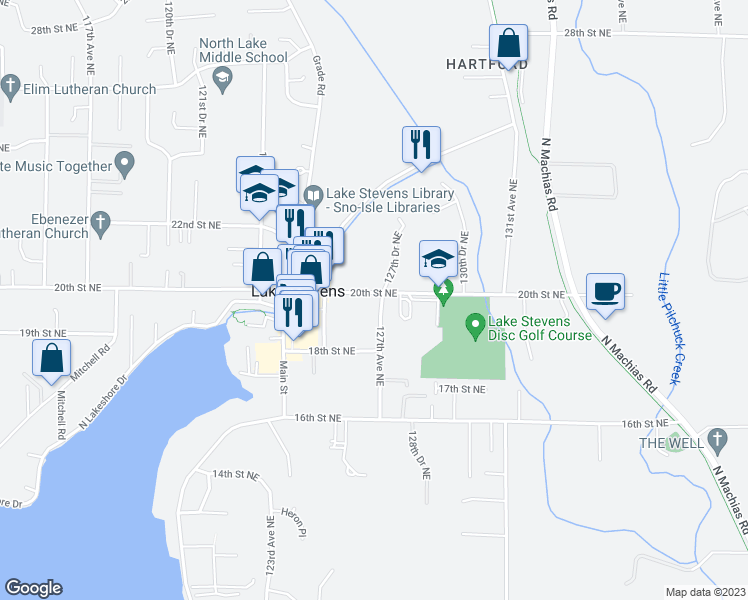 map of restaurants, bars, coffee shops, grocery stores, and more near 12612 20th Street Northeast in Lake Stevens