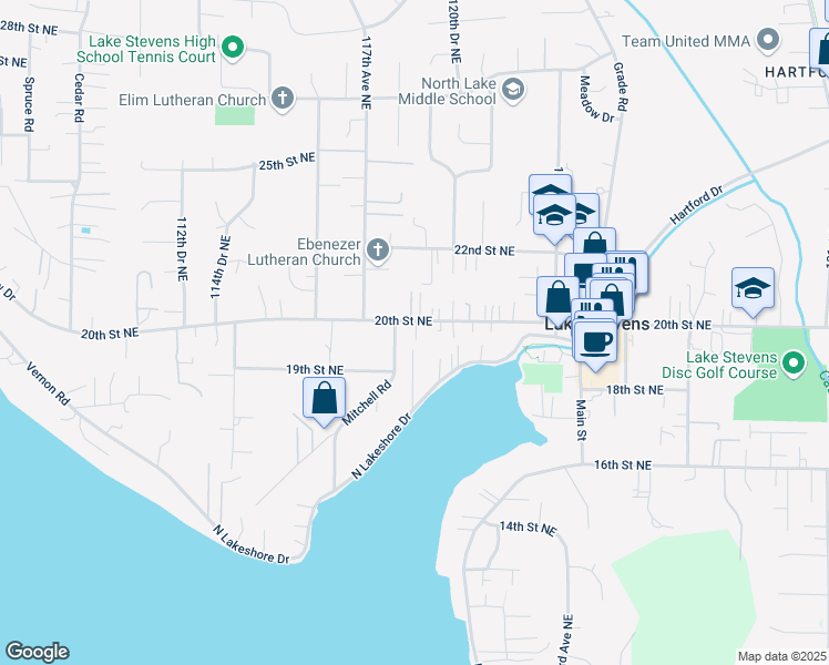 map of restaurants, bars, coffee shops, grocery stores, and more near 11804 North Lakeshore Drive in Lake Stevens