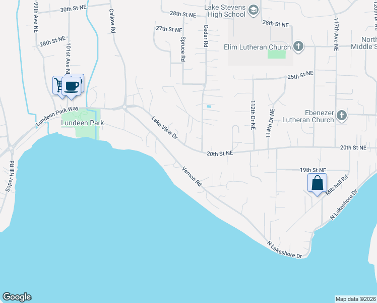 map of restaurants, bars, coffee shops, grocery stores, and more near 10721 Vernon Road in Lake Stevens