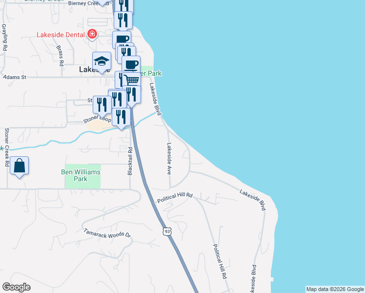 map of restaurants, bars, coffee shops, grocery stores, and more near 724 Lakeside Boulevard in Lakeside