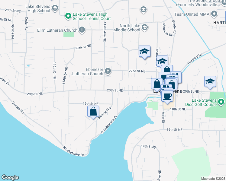 map of restaurants, bars, coffee shops, grocery stores, and more near 1916 118th Avenue Northeast in Lake Stevens