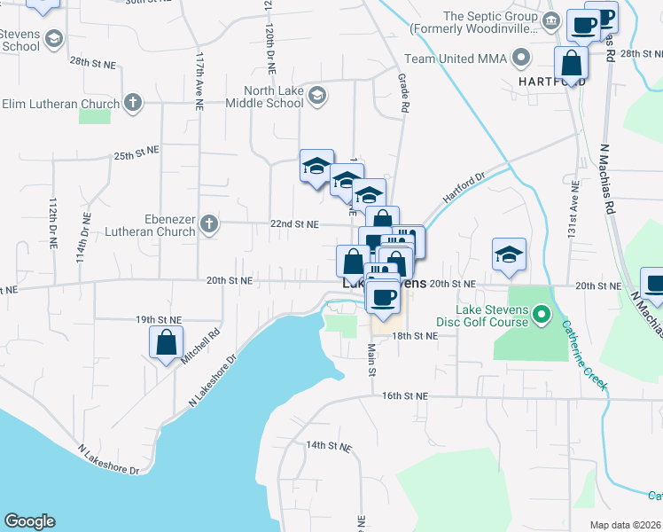 map of restaurants, bars, coffee shops, grocery stores, and more near 12204 21st Place Northeast in Lake Stevens