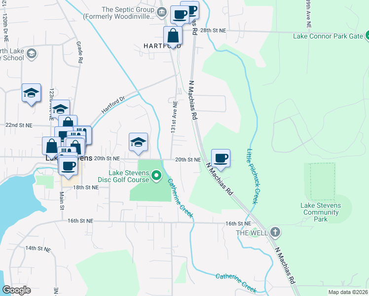 map of restaurants, bars, coffee shops, grocery stores, and more near 2103 131st Avenue Northeast in Lake Stevens
