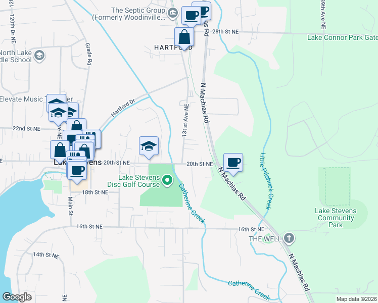 map of restaurants, bars, coffee shops, grocery stores, and more near 2103 131st Avenue Northeast in Lake Stevens