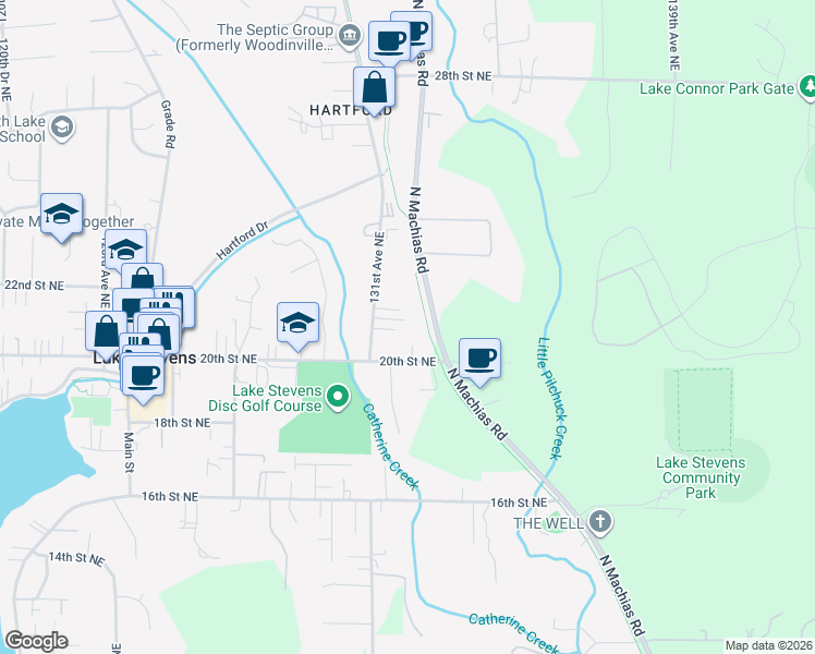 map of restaurants, bars, coffee shops, grocery stores, and more near 2103 131st Avenue Northeast in Lake Stevens