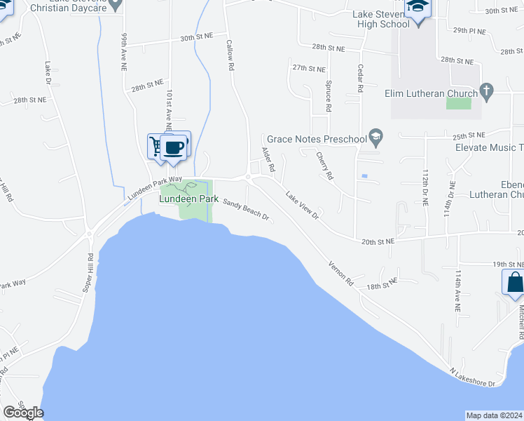 map of restaurants, bars, coffee shops, grocery stores, and more near 10507 Sandy Beach Drive in Lake Stevens