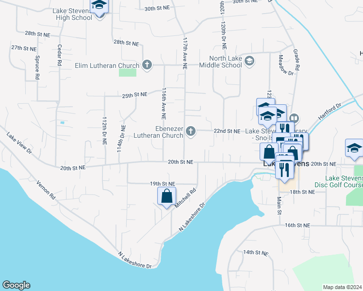 map of restaurants, bars, coffee shops, grocery stores, and more near 2102 117th Avenue Northeast in Lake Stevens