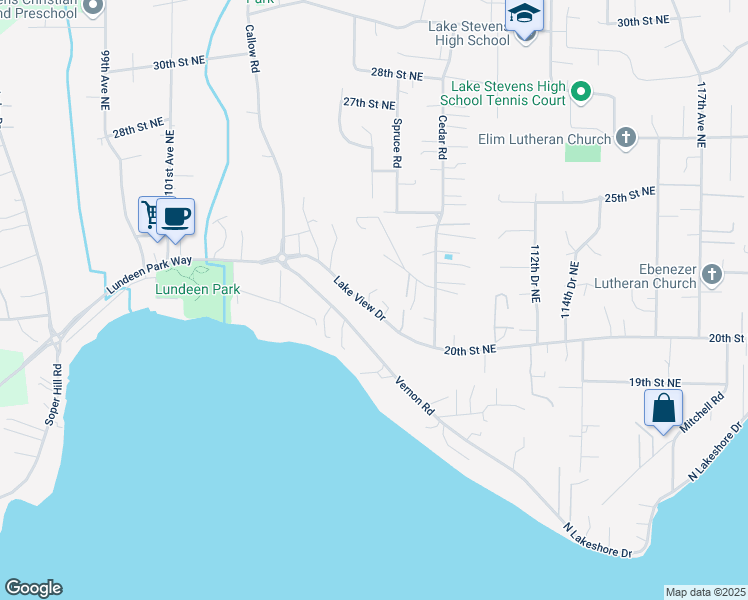 map of restaurants, bars, coffee shops, grocery stores, and more near 10719 Lake View Drive in Lake Stevens