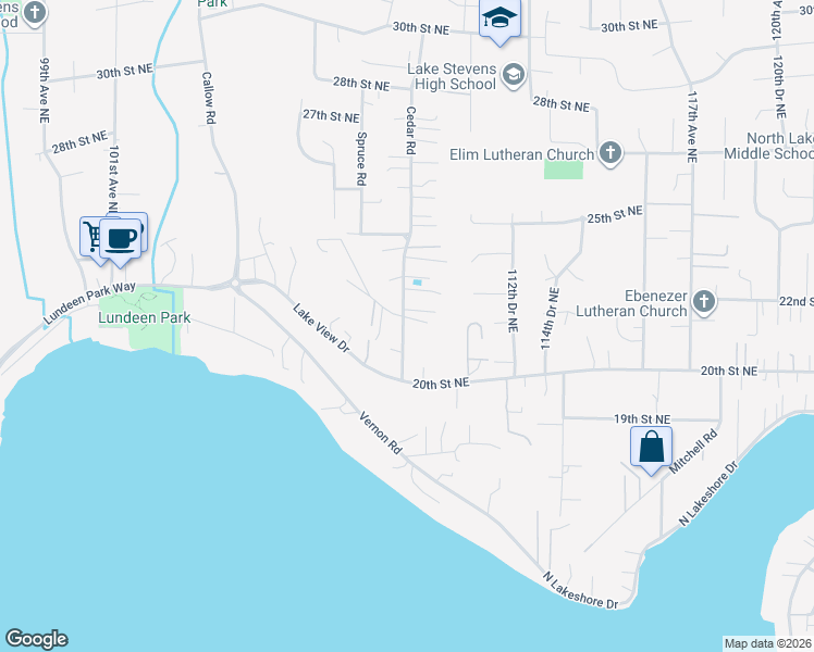map of restaurants, bars, coffee shops, grocery stores, and more near 2115 Cedar Road in Lake Stevens