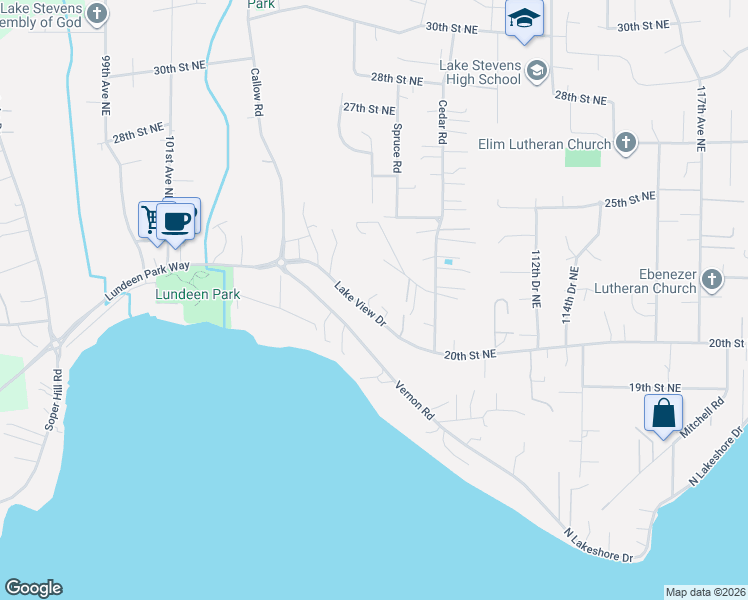 map of restaurants, bars, coffee shops, grocery stores, and more near 10719 Lake View Drive in Lake Stevens
