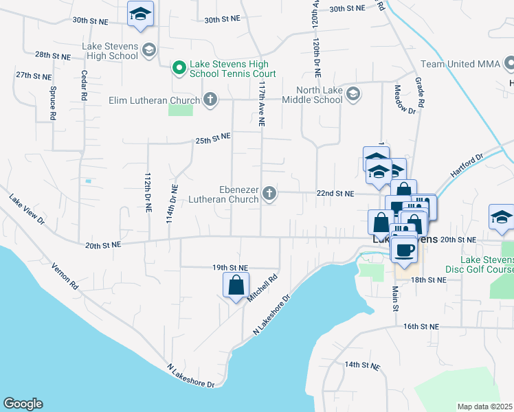 map of restaurants, bars, coffee shops, grocery stores, and more near 2102 117th Avenue Northeast in Lake Stevens