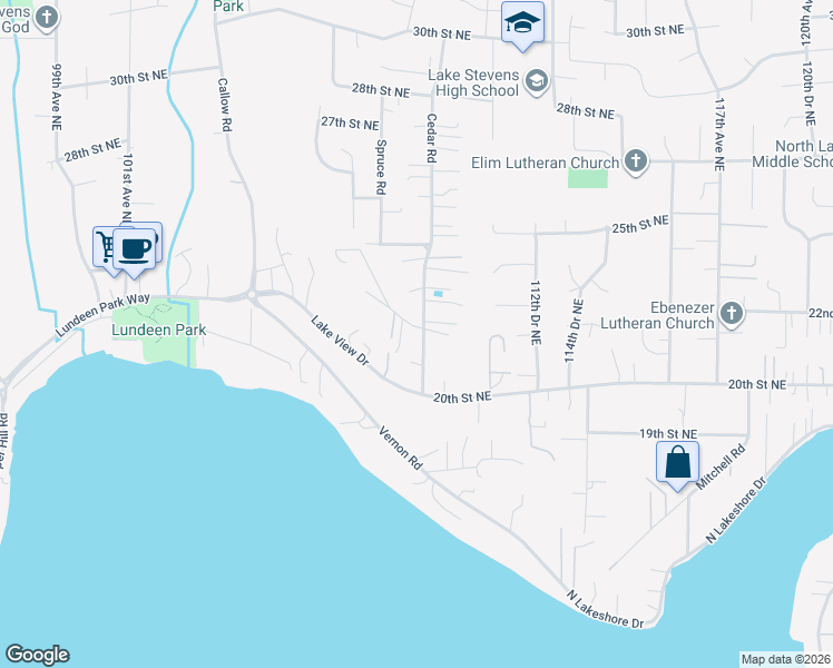 map of restaurants, bars, coffee shops, grocery stores, and more near 2115 Cedar Road in Lake Stevens