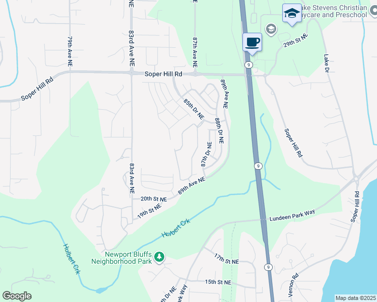 map of restaurants, bars, coffee shops, grocery stores, and more near 2514 85th Drive Northeast in Lake Stevens